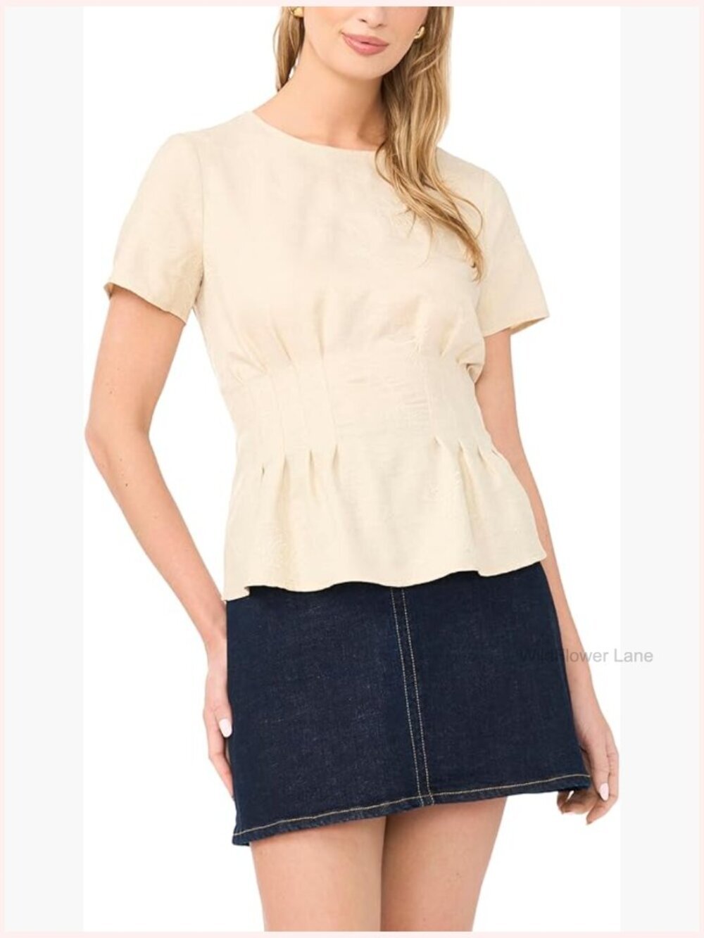 Short Sleeve Pleated Waist Blouse - Crew Neck, Pull On, Square Neck, Polyester